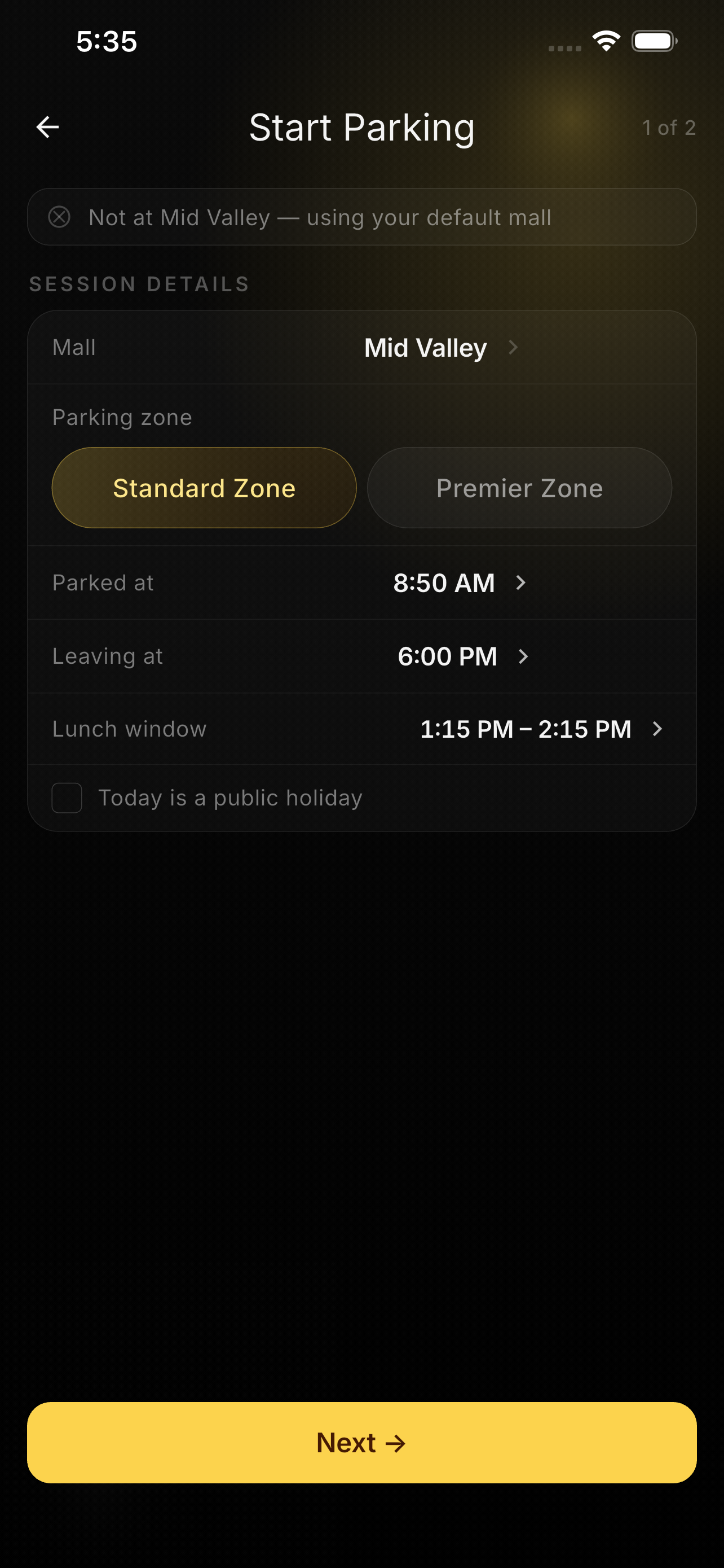 Start Parking screen